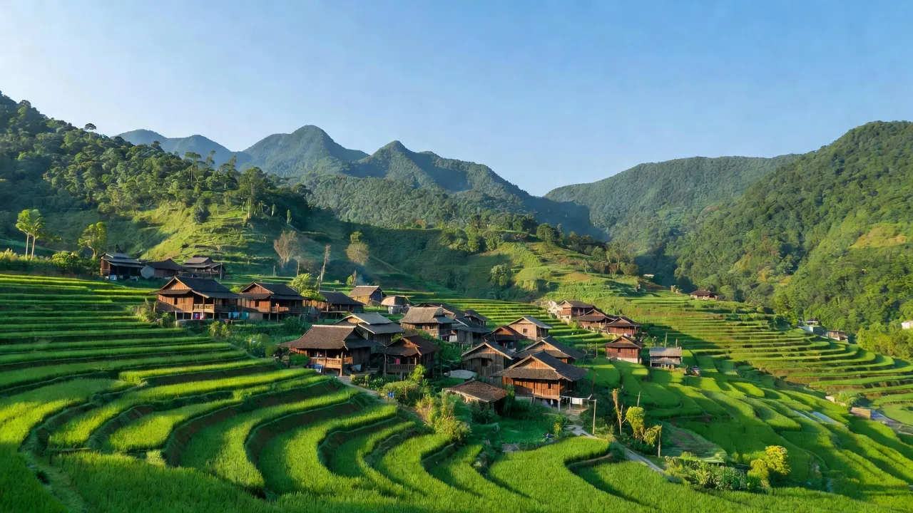 Cảnh quan xã Tú Xuyên, huyện Văn Quan, tỉnh Lạng Sơn với đồng ruộng và núi xanh.