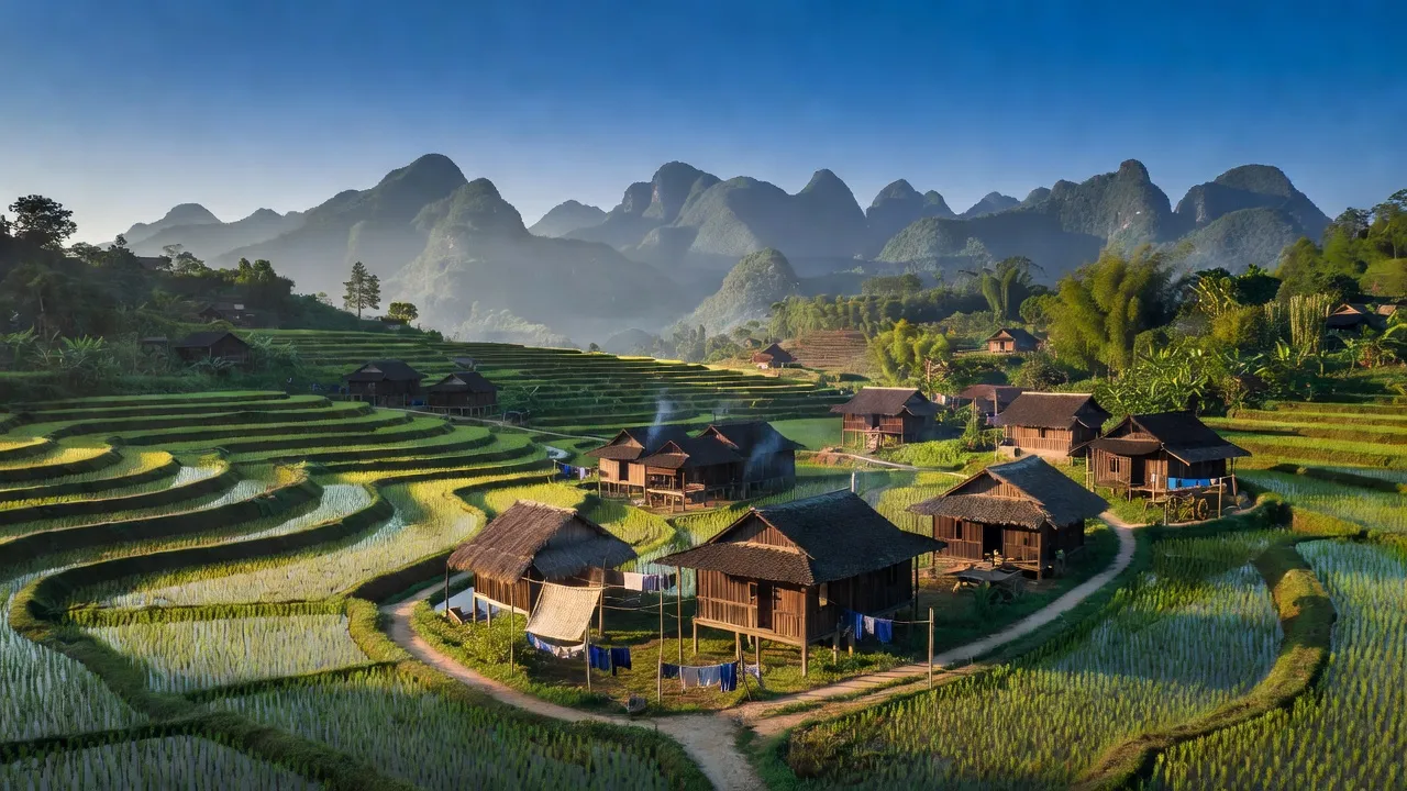 Cảnh sắc Yên Phúc, huyện Văn Quan, Lạng Sơn với núi non, ruộng bậc thang, và trời xanh.