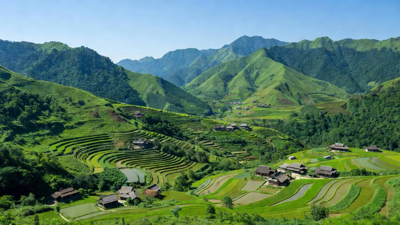 Khung cảnh xã Yên Phúc, huyện Văn Quan, tỉnh Lạng Sơn với núi non và ruộng bậc thang.