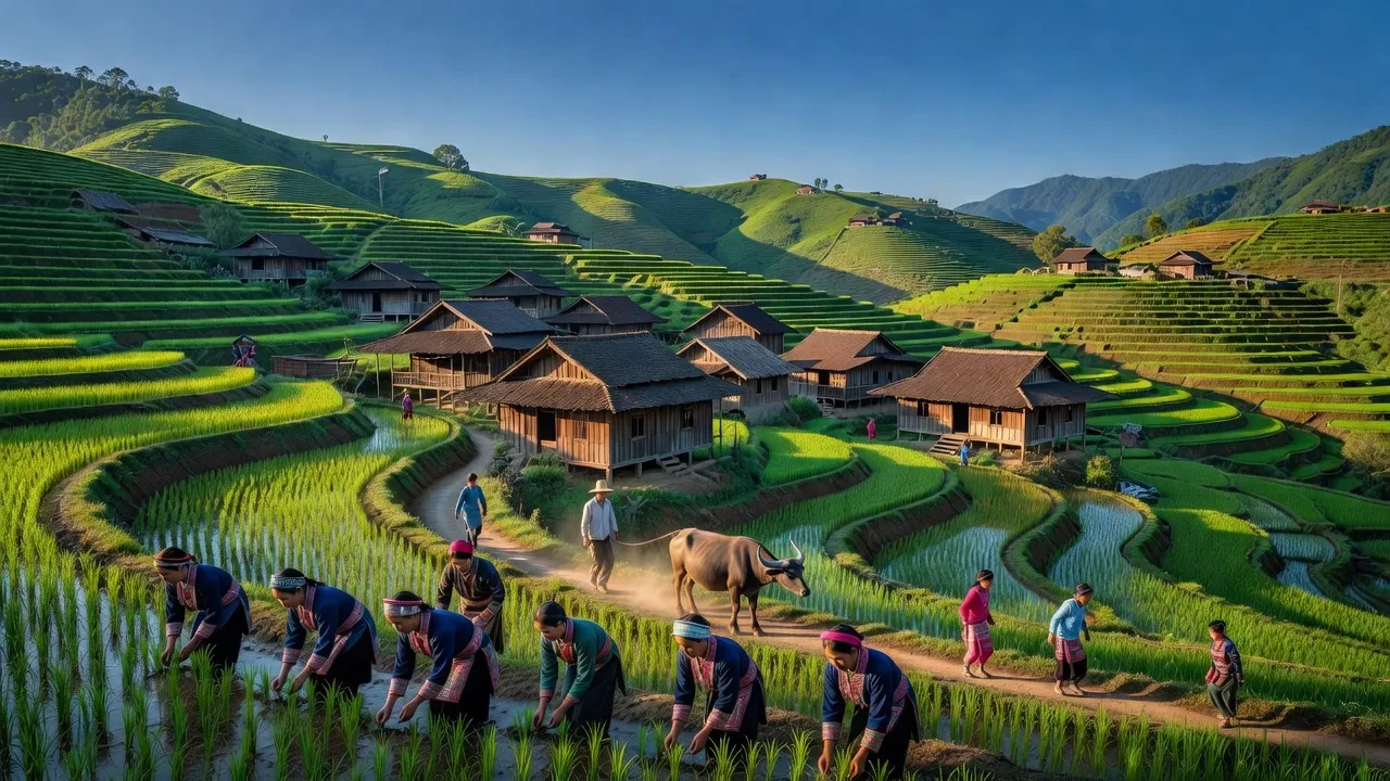 Cảnh đẹp huyện Bắc Hà, Lào Cai với ruộng bậc thang, nhà truyền thống và trời xanh trong.