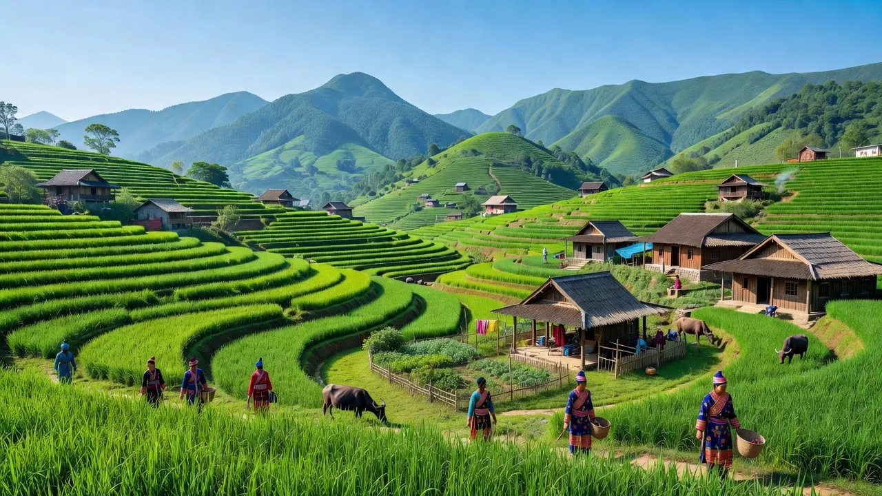 Khung cảnh huyện Bắc Hà, Lào Cai với ruộng bậc thang xanh mướt và núi non hùng vĩ.