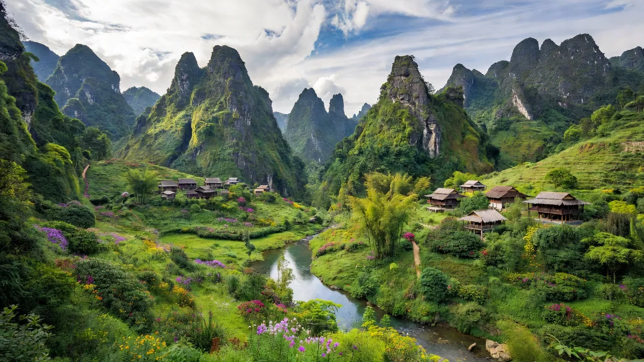 Khung cảnh xã Bản Cái, huyện Bắc Hà, tỉnh Lào Cai với núi đá vôi và thung lũng xanh.