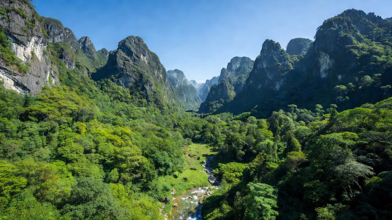 Phong cảnh xã Bản Cái, huyện Bắc Hà, Lào Cai với núi đá vôi và dòng suối đẹp.