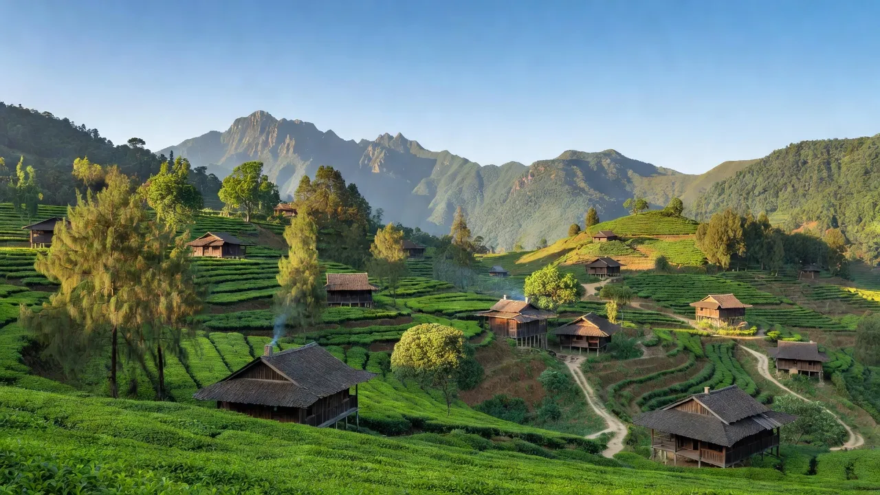 Cảnh thiên nhiên xã Bản Liền, huyện Bắc Hà, tỉnh Lào Cai với đồi chè và quế.
