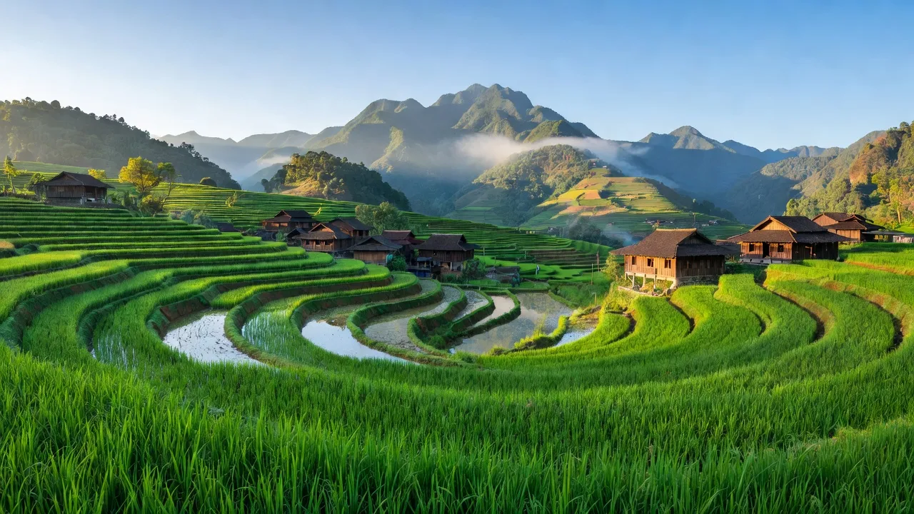 Khung cảnh đẹp của xã Bản Phố, Bắc Hà, Lào Cai với ruộng bậc thang và núi non xanh mát.
