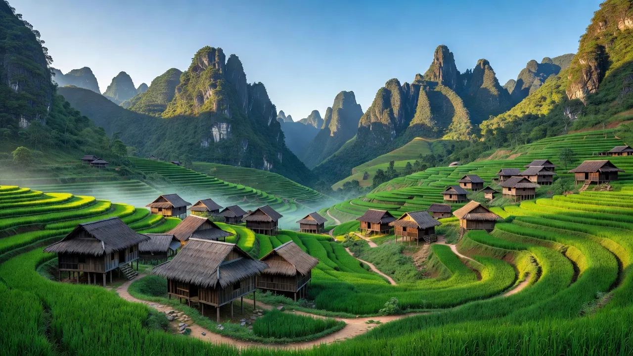 Xã Bản Phố, huyện Bắc Hà, tỉnh Lào Cai với núi đá vôi và cánh đồng xanh.