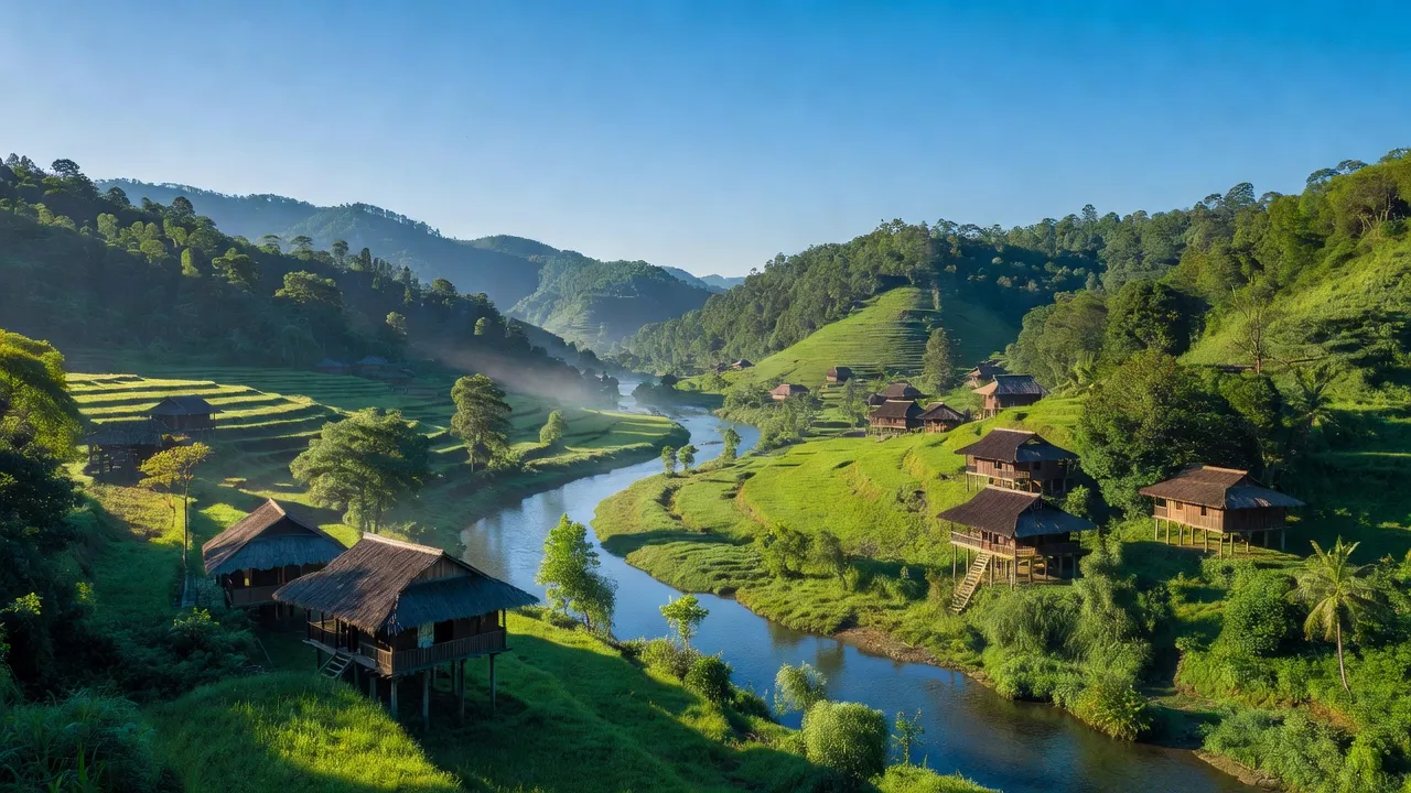 Cảnh quan xã Cốc Lầu, huyện Bắc Hà, Lào Cai, sông nước, trời xanh, núi non hùng vĩ.