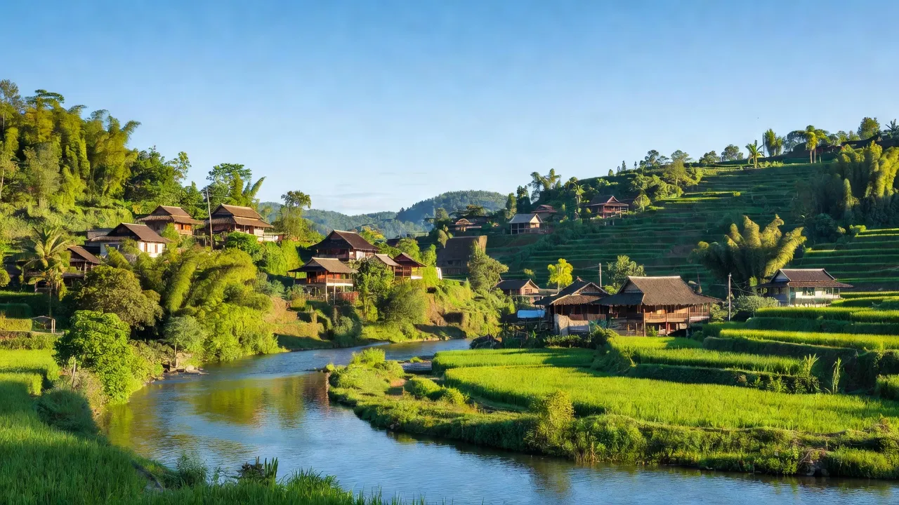 Cốc Ly village in Bắc Hà, Lào Cai with Chay River, green mountains, and ethnic minority homes.