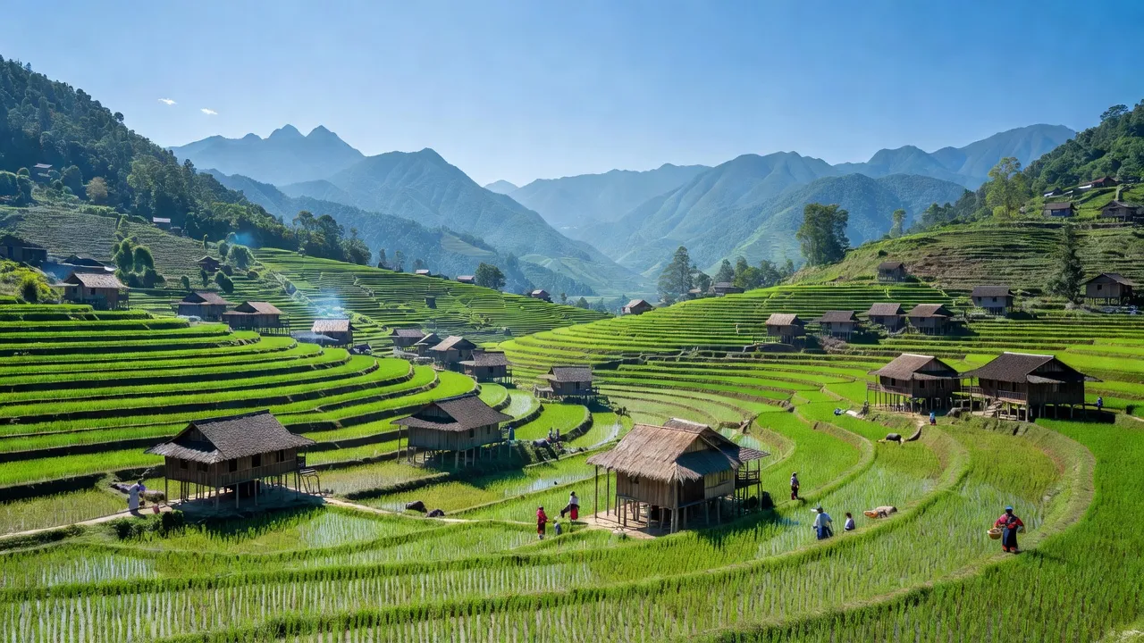 Khung cảnh xã Hoàng Thu Phố, Bắc Hà, Lào Cai với ruộng bậc thang và nhà truyền thống.