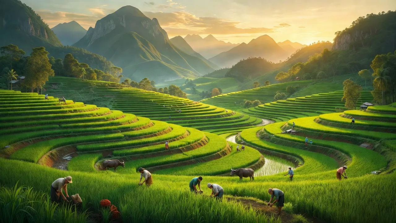 Cảnh quan Xã Lùng Cải, Huyện Bắc Hà với đồng xanh và núi cao, cuộc sống nông thôn.