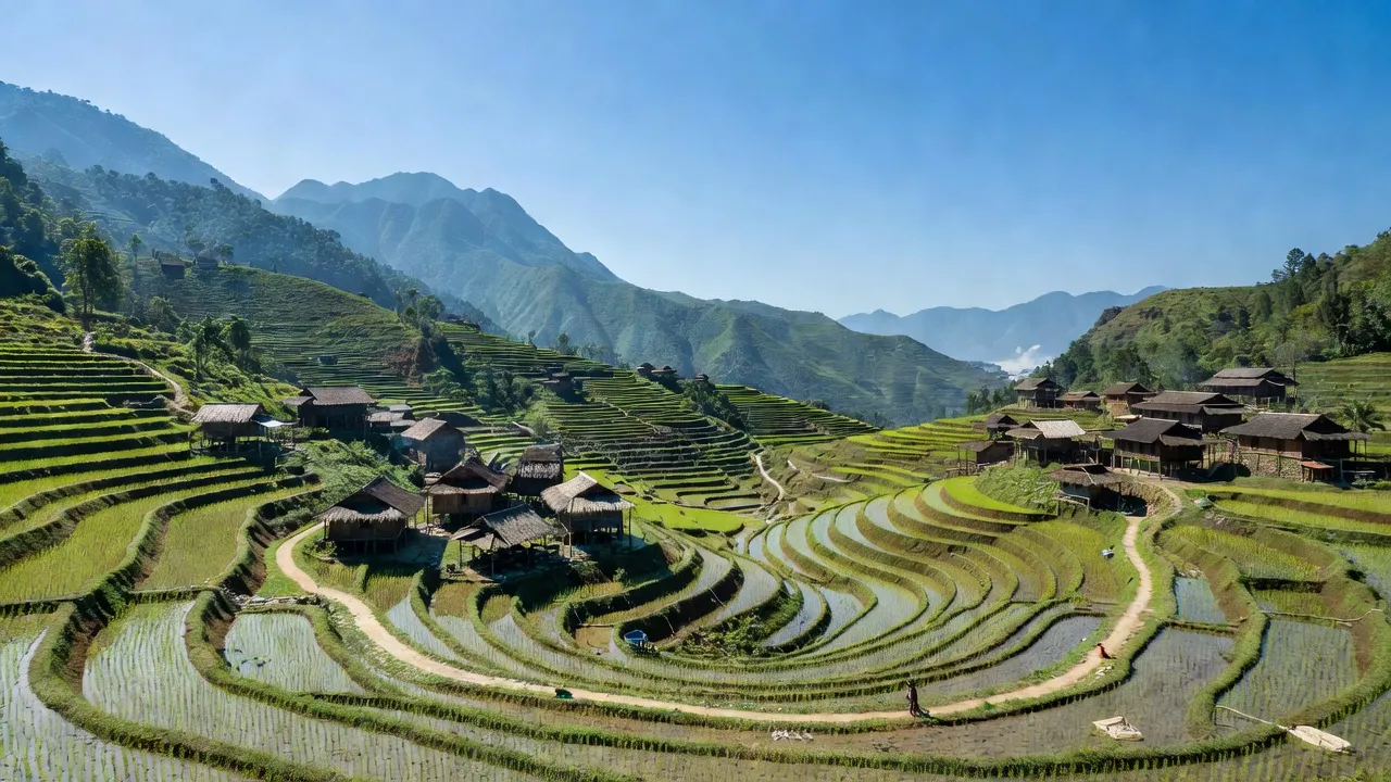 Khung cảnh yên bình xã Lùng Cải, huyện Bắc Hà, tỉnh Lào Cai với ruộng bậc thang và núi non.