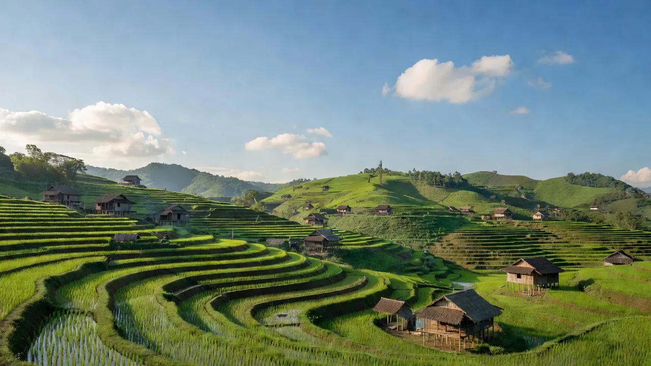 Cảnh xã Lùng Phình, huyện Bắc Hà, Lào Cai với đồi, ruộng bậc thang và nhà sàn truyền thống.