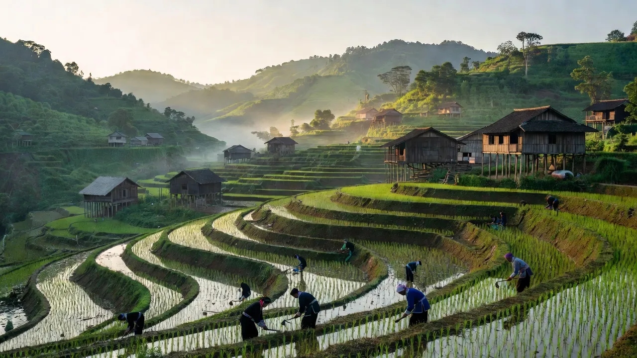 Khung cảnh xã Lùng Phình, Bắc Hà, Lào Cai với ruộng bậc thang và người dân làm nông.