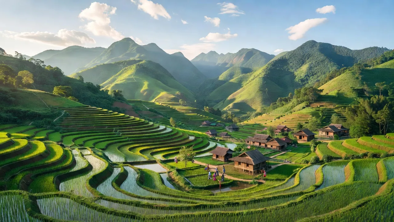 Cảnh quan xã Na Hối, Bắc Hà, Lào Cai với ruộng bậc thang và núi xanh, không khí trong lành.
