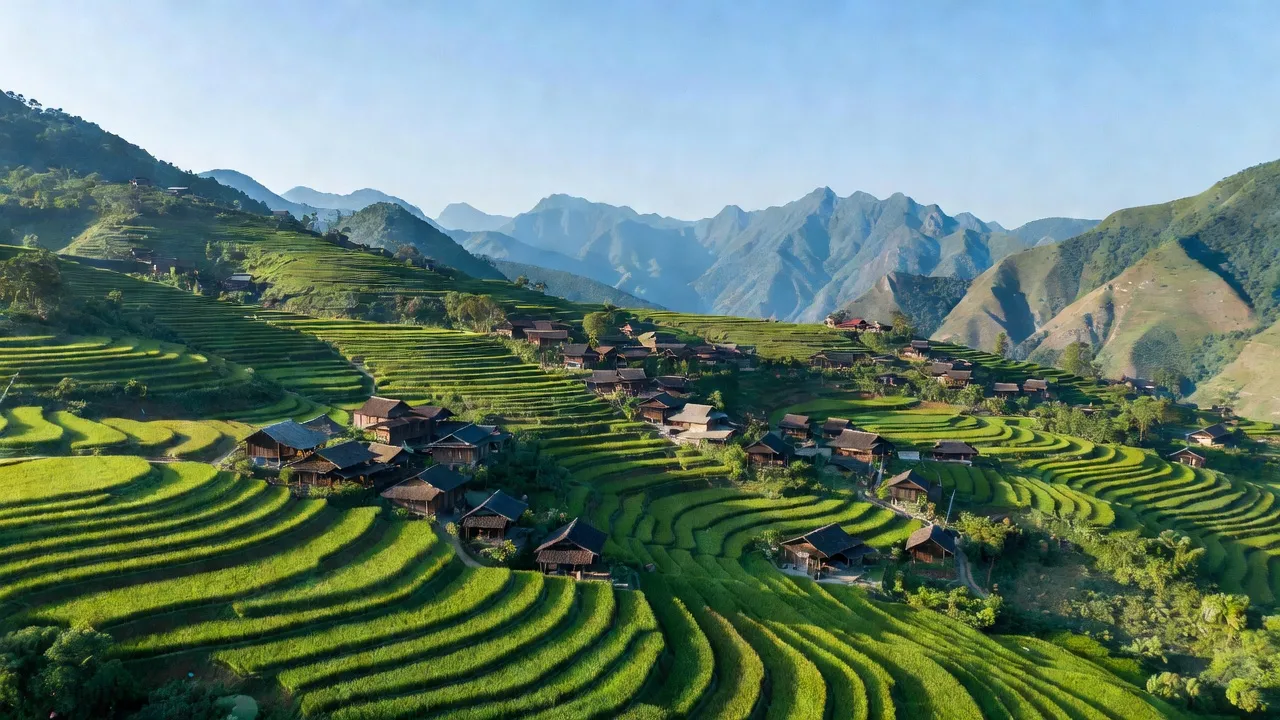 Khung cảnh xã Na Hối huyện Bắc Hà, tỉnh Lào Cai với núi rừng xanh tươi và nhà sàn truyền thống.