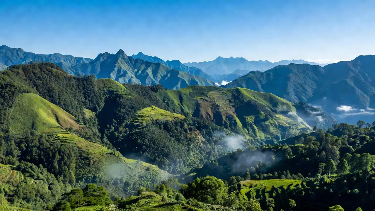 Khung cảnh Nậm Đét, Bắc Hà, Lào Cai với địa hình đồi núi và bầu trời xanh trong.