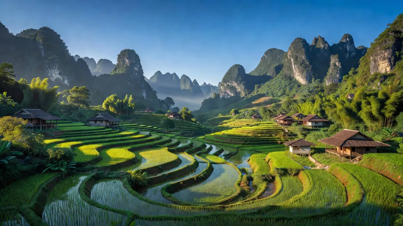 Khung cảnh yên bình ở xã Nậm Khánh, huyện Bắc Hà, tỉnh Lào Cai với núi đá vôi và cánh đồng.