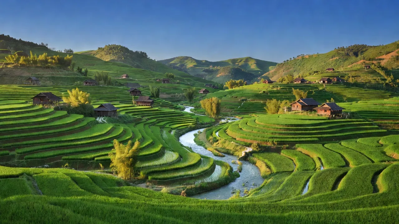Khung cảnh xã Nậm Lúc, huyện Bắc Hà, Lào Cai với cánh đồng ruộng bậc thang xanh mướt và dòng suối chảy.