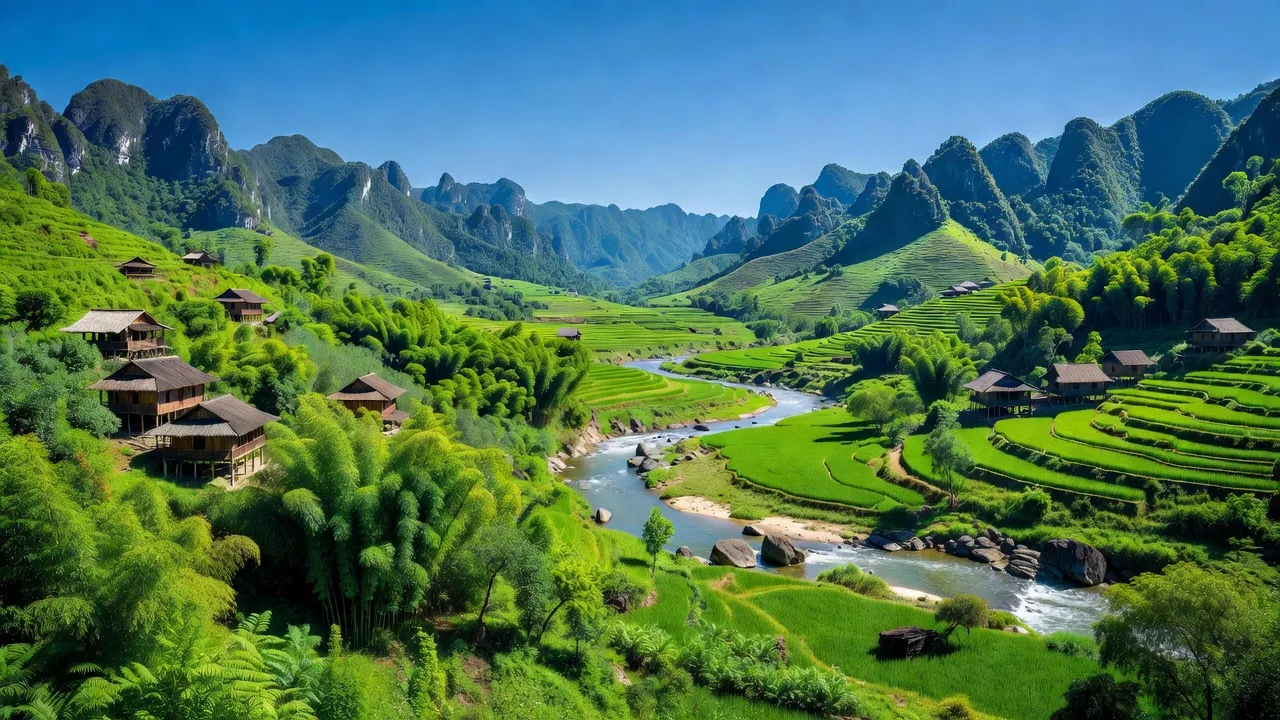 Cảnh đẹp xã Nậm Mòn, huyện Bắc Hà, tỉnh Lào Cai với núi non và thung lũng xanh tươi.