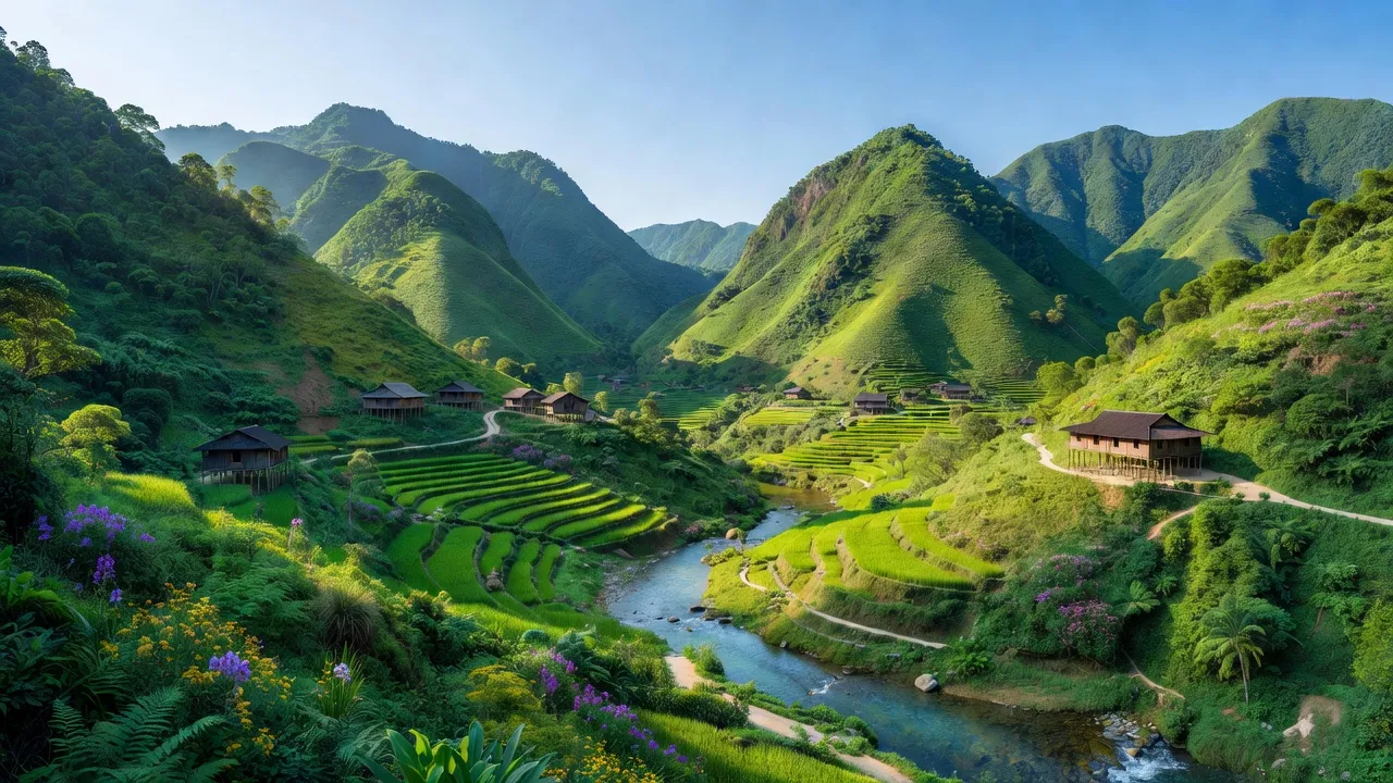 Khung cảnh núi xanh và thung lũng hẹp ở xã Nậm Mòn, huyện Bắc Hà, tỉnh Lào Cai.