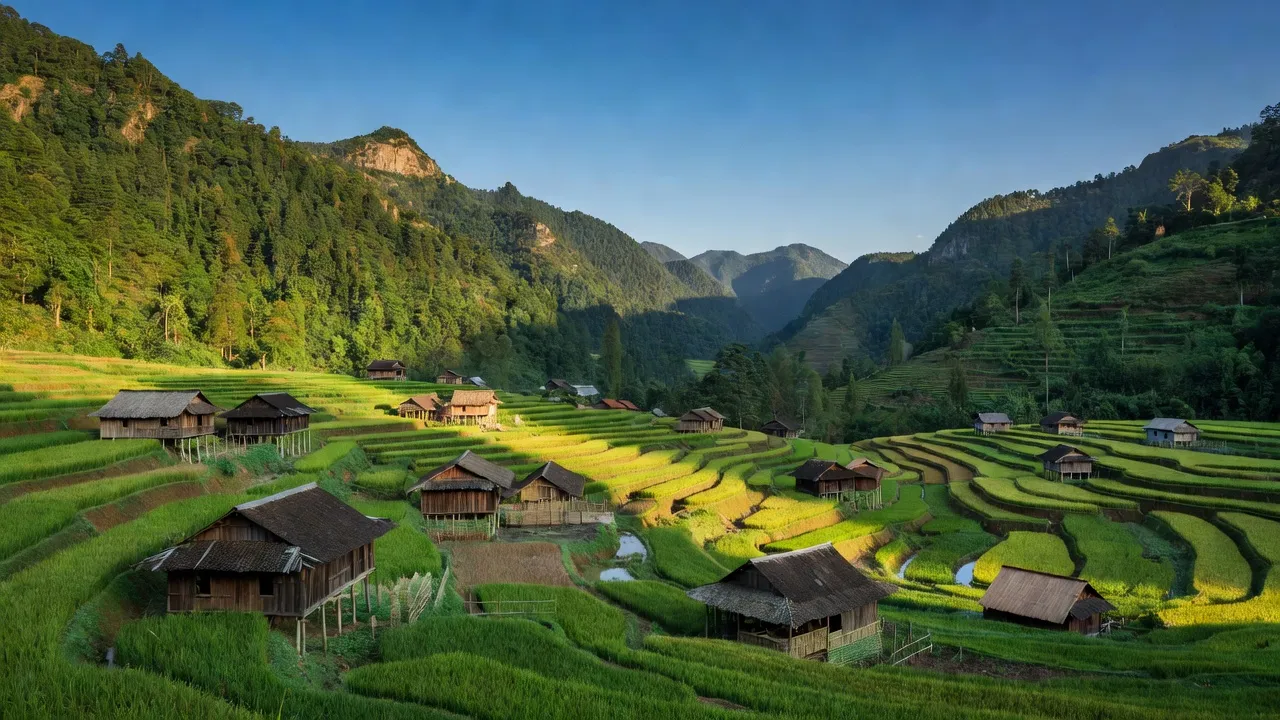 Khung cảnh xã Tả Củ Tỷ, huyện Bắc Hà với ruộng bậc thang và nhà truyền thống.