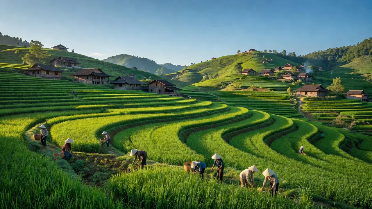 Cảnh quan Xã Thải Giàng Phố, huyện Bắc Hà, Lào Cai với ruộng bậc thang và nhà truyền thống.