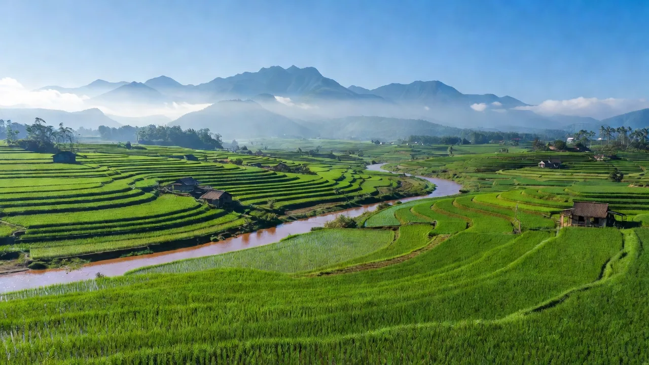 Khung cảnh Xã Bản Cầm với đồng xanh, sông Hồng, núi xa dưới bầu trời xanh sáng.