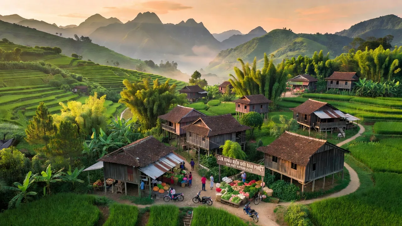 Cảnh quan xã Bản Phiệt, huyện Bảo Thắng, tỉnh Lào Cai với hoạt động giao thương qua biên giới.