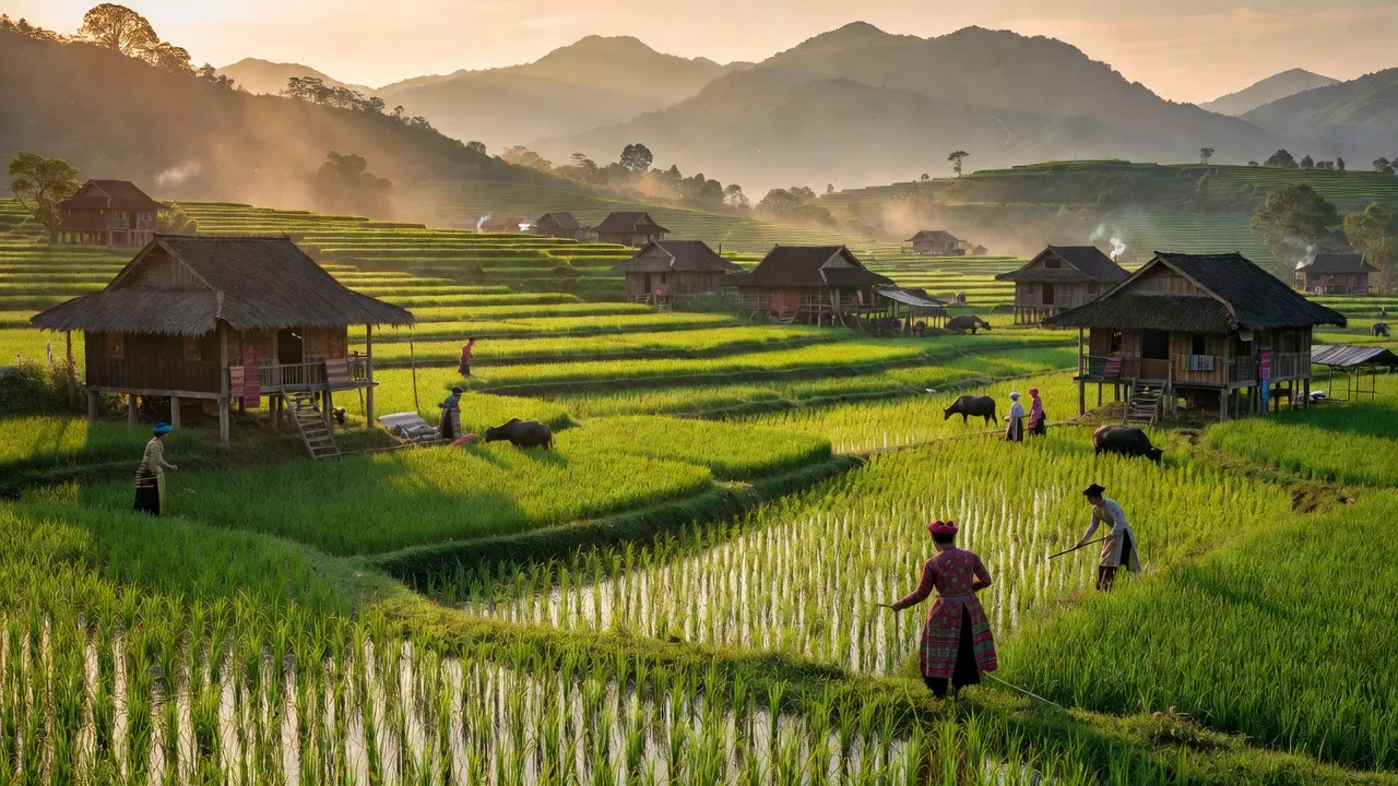Cảnh quan xã Gia Phú, huyện Bảo Thắng, Lào Cai với núi non và ruộng đồng xanh tươi.