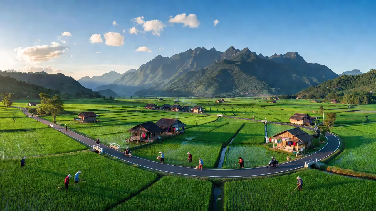 Cảnh sắc thiên nhiên xã Gia Phú, huyện Bảo Thắng, tỉnh Lào Cai với núi và cánh đồng xanh.