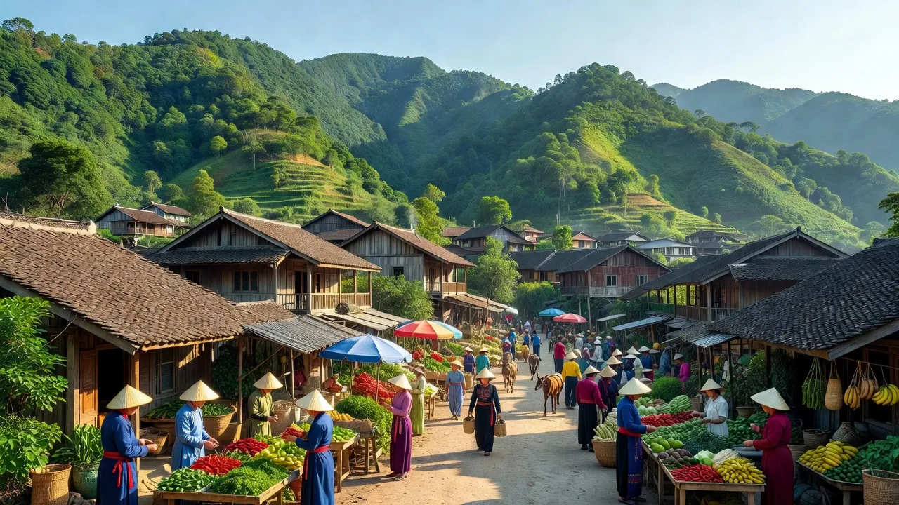Khung cảnh Thị trấn N.T Phong Hải, huyện Bảo Thắng, tỉnh Lào Cai với núi non xanh mát và nhà truyền thống.