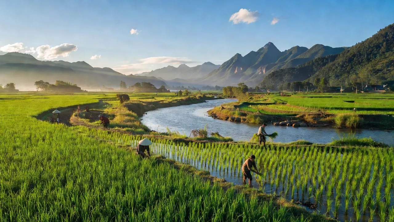 Phong Niên, Lào Cai with green fields, Red River, agricultural development, và không gian thiên nhiên trong lành.