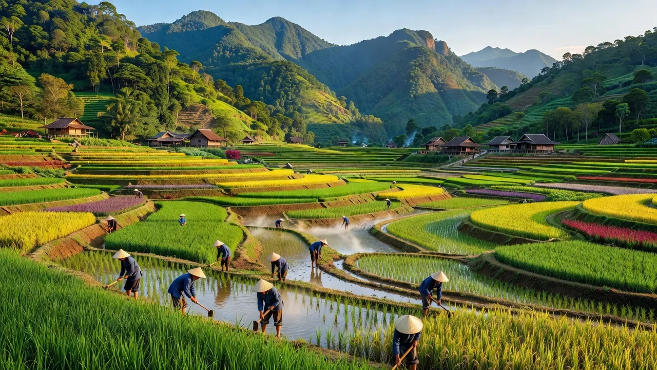 Khung cảnh xã Phú Nhuận, huyện Bảo Thắng, tỉnh Lào Cai với những cánh đồng xanh và núi non hùng vĩ.