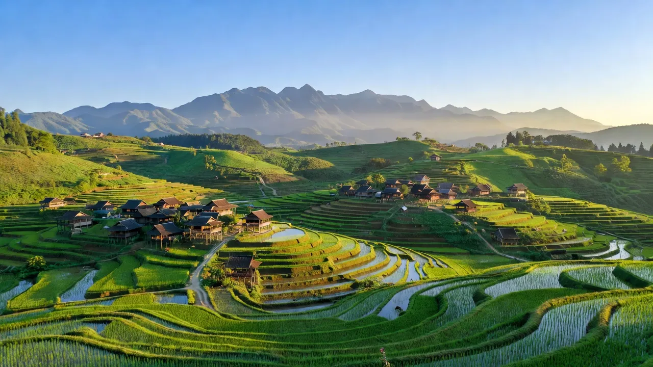 Khung cảnh Sơn Hà, huyện Bảo Thắng, Lào Cai với đồi núi, ruộng bậc thang và nhà truyền thống.