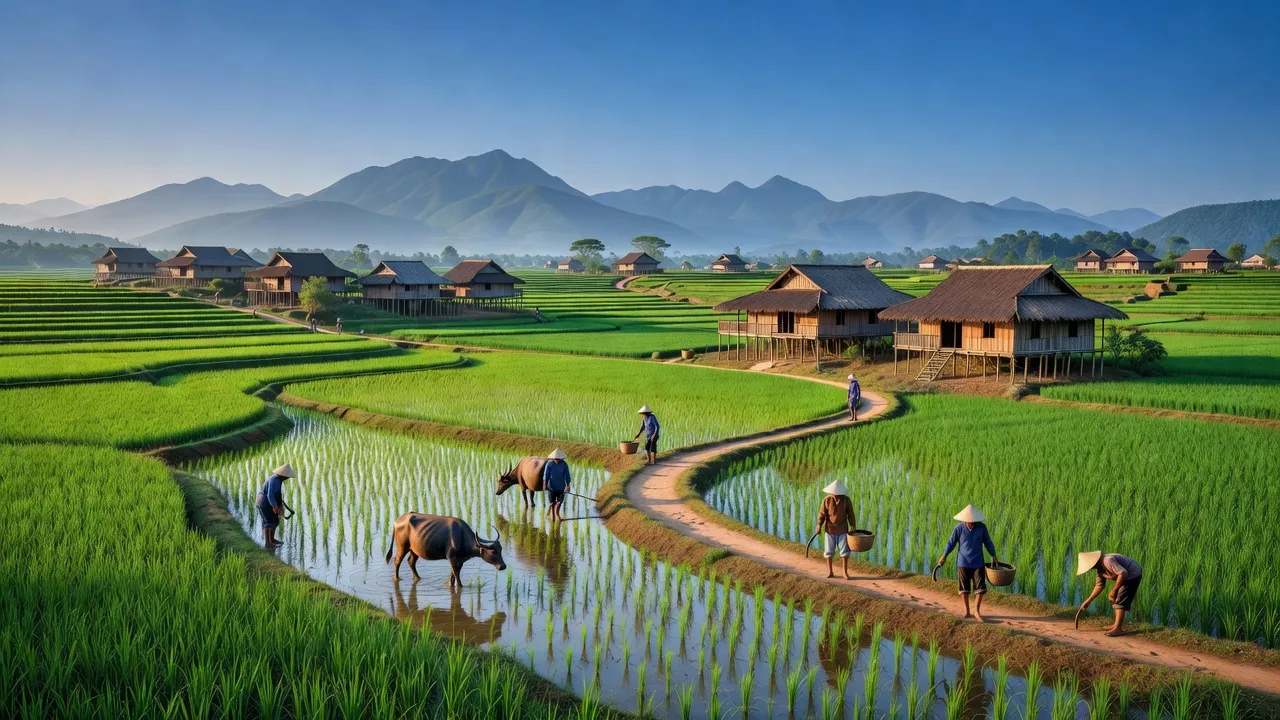 Khung cảnh Sơn Hải, Bảo Thắng, Lào Cai với cánh đồng xanh và nhà truyền thống.