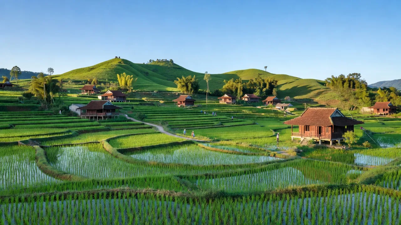 Landsape of Sơn Hải, Bảo Thắng, Lào Cai with rice paddies and traditional houses.