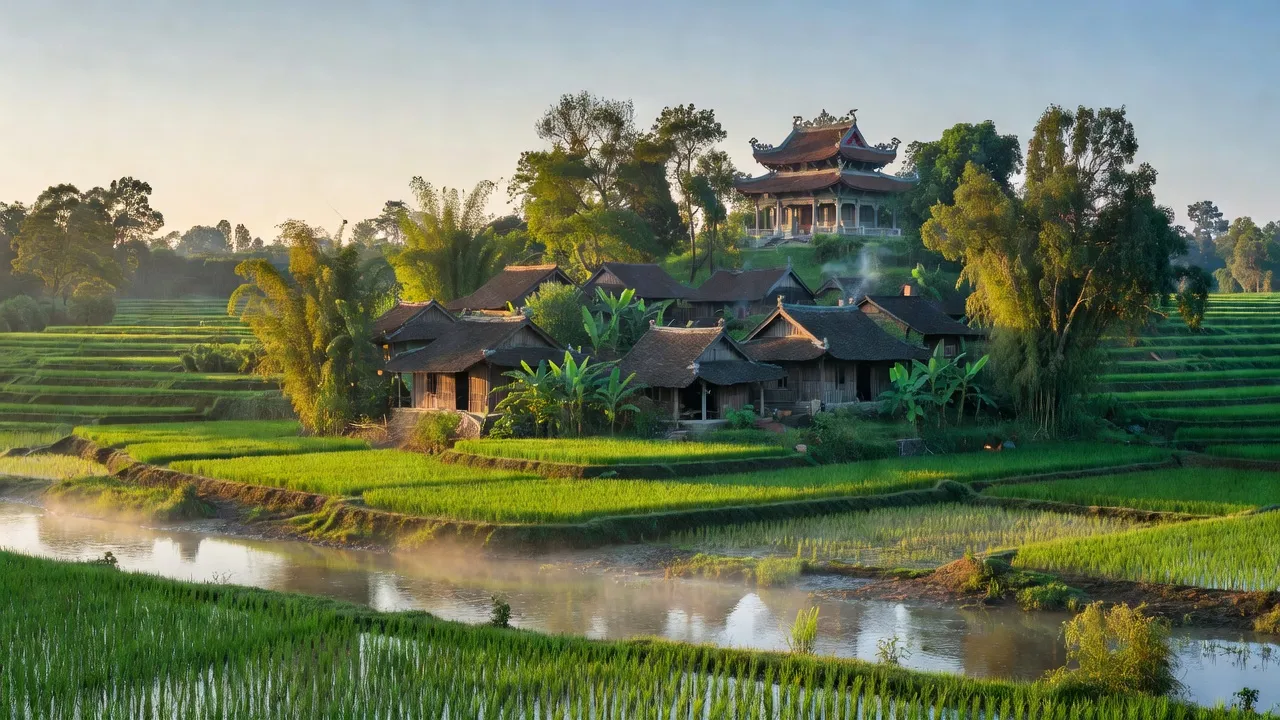 Khung cảnh xã Thái Niên, huyện Bảo Thắng, Lào Cai, với cánh đồng phù sa và Đền Mẫu Thái Niên.