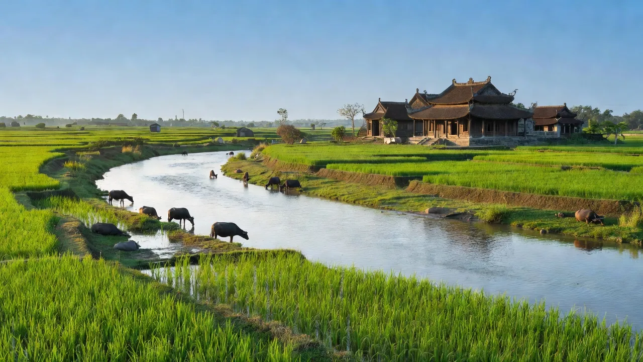 Khung cảnh yên bình ở xã Thái Niên, huyện Bảo Thắng, tỉnh Lào Cai với đền Mẫu Thái Niên.