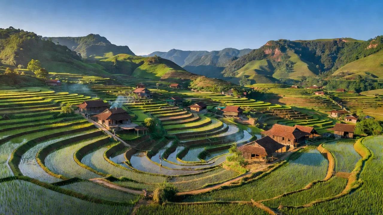Cảnh quan xã Trì Quang, huyện Bảo Thắng, tỉnh Lào Cai với đồng ruộng và đồi núi xanh, cuộc sống nông thôn.