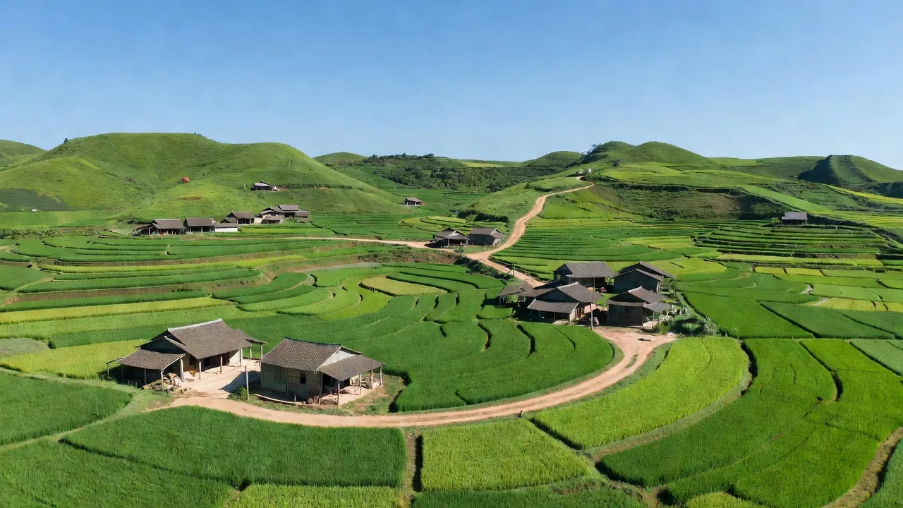 Cảnh quan xã Xuân Giao, huyện Bảo Thắng, tỉnh Lào Cai với đồi núi và ruộng xanh.