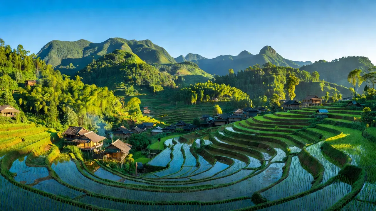 Khung cảnh huyện Bảo Yên, tỉnh Lào Cai với núi, ruộng bậc thang và làng truyền thống đẹp mắt.