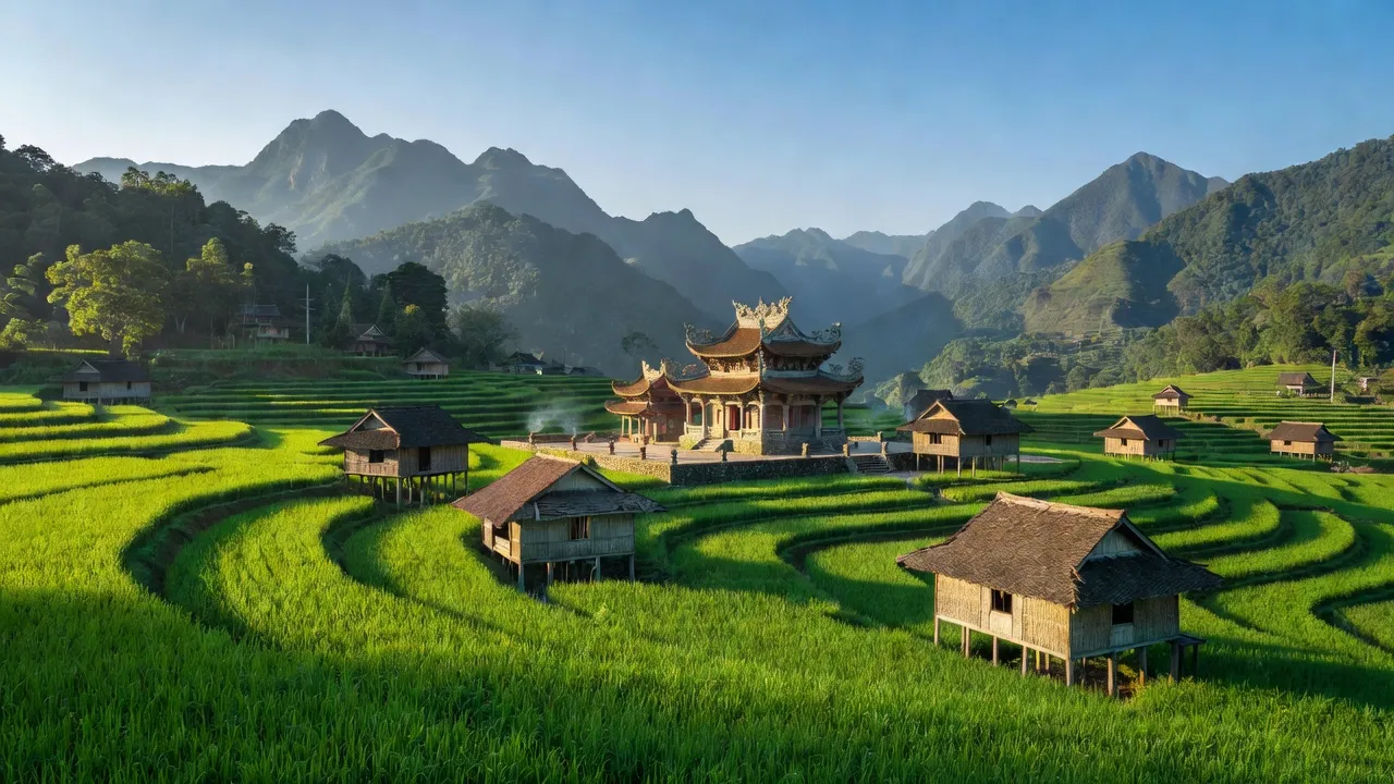 Khung cảnh thiên nhiên Xã Bảo Hà, huyện Bảo Yên, tỉnh Lào Cai với đồng ruộng và Đền Bảo Hà.