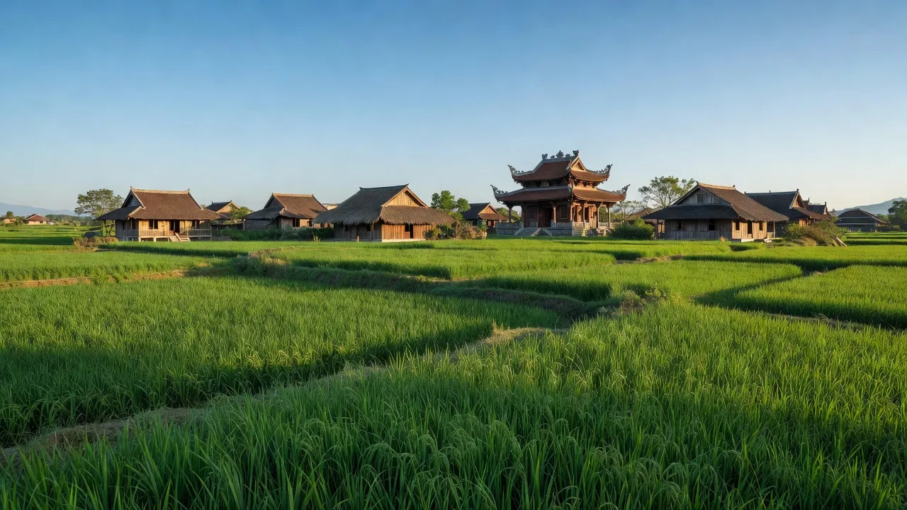 Phong cảnh bình yên xã Bảo Hà, huyện Bảo Yên, tỉnh Lào Cai, với đồng xanh, nhà truyền thống, Đền Bảo Hà.