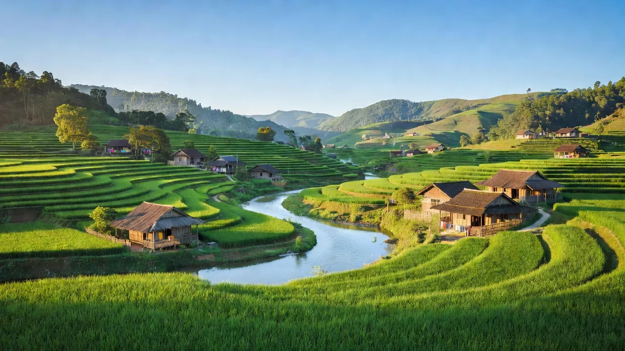 Cảnh quan xã Cam Cọn, huyện Bảo Yên, tỉnh Lào Cai với cánh đồng xanh và dòng suối.