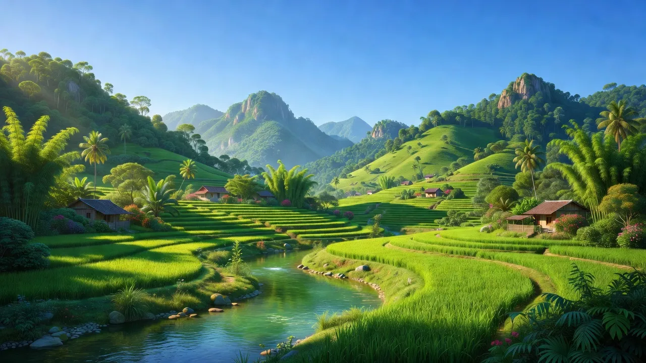 Cảnh sắc xã Cam Cọn ở Lào Cai, với sông suối xanh quanh cánh đồng yên bình.