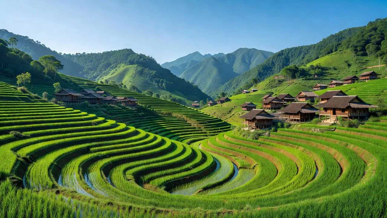 Khung cảnh Xã Điện Quan, huyện Bảo Yên, Lào Cai với núi xanh, ruộng bậc thang và nhà truyền thống.