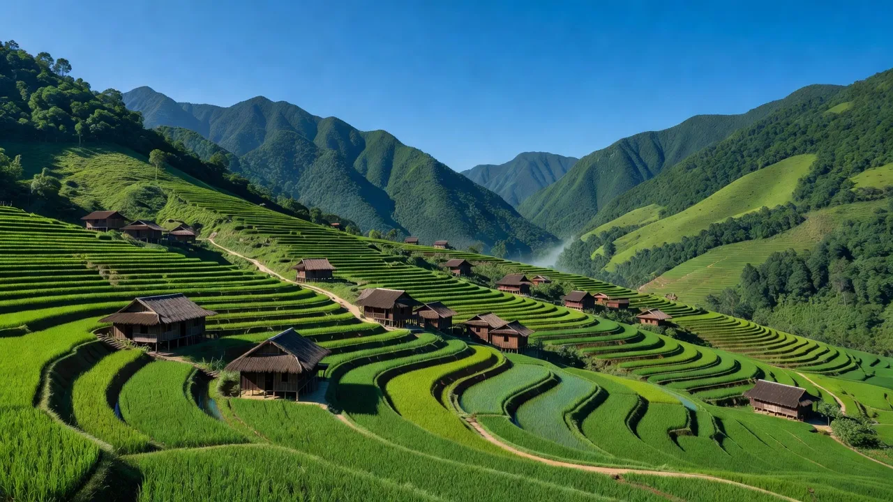 Khung cảnh làng Kim Sơn huyện Bảo Yên, Lào Cai với núi non xanh mướt và nhà truyền thống.
