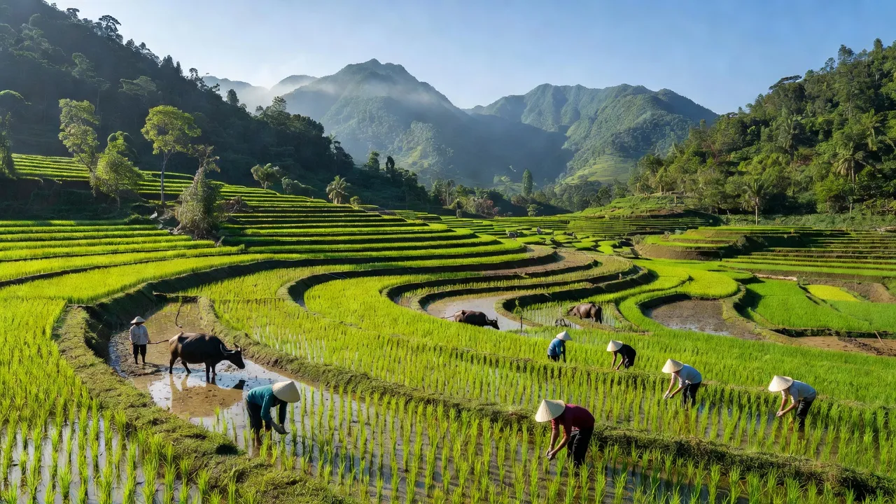 Cảnh đẹp xã Minh Tân, huyện Bảo Yên, tỉnh Lào Cai với những cánh đồng xanh mướt và người nông dân.