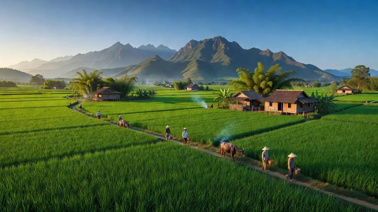 Khung cảnh nông thôn xã Minh Tân, huyện Bảo Yên, Lào Cai với cánh đồng, núi non và bầu trời trong xanh.