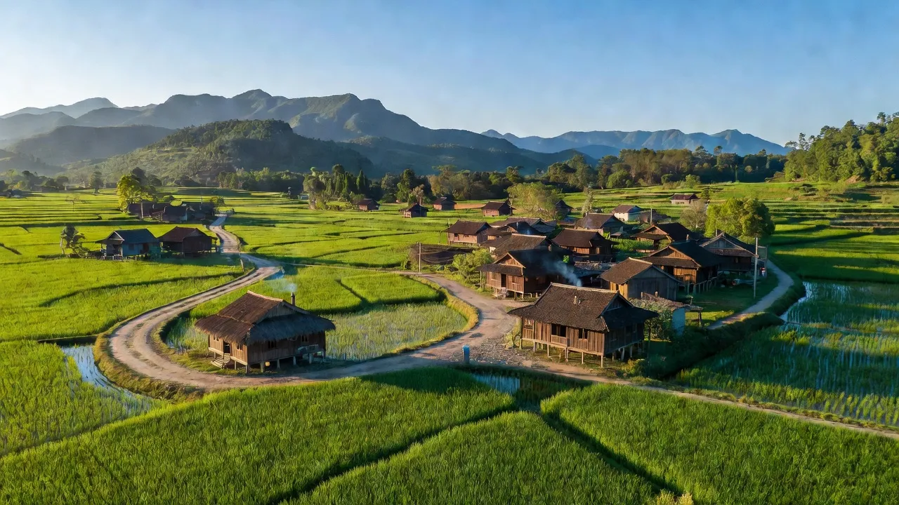 Khung cảnh xã Tân Dương, Bảo Yên, Lào Cai với đồng xanh và nhà truyền thống.